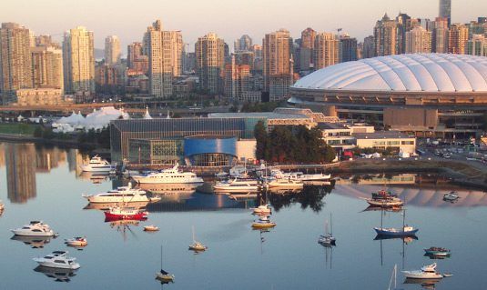Boats at anchor in Falsecreek near BC place and the plaza of nation