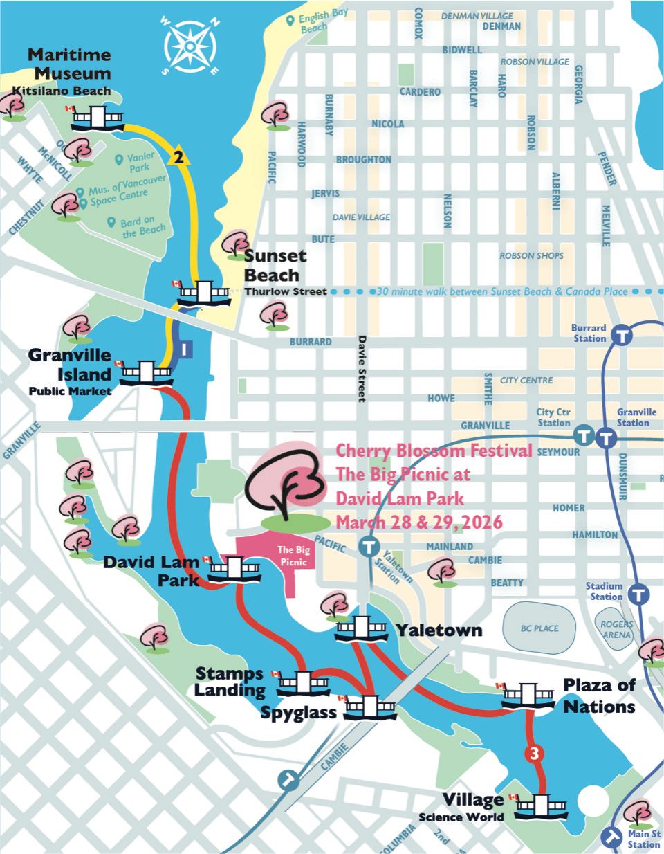 falsecreek ferries route map with cherry blossom trees